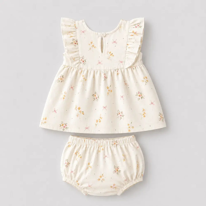 Pattuti Sustainable Cotton Floral Printed Lace Smocking Set With Bloomers For Girls