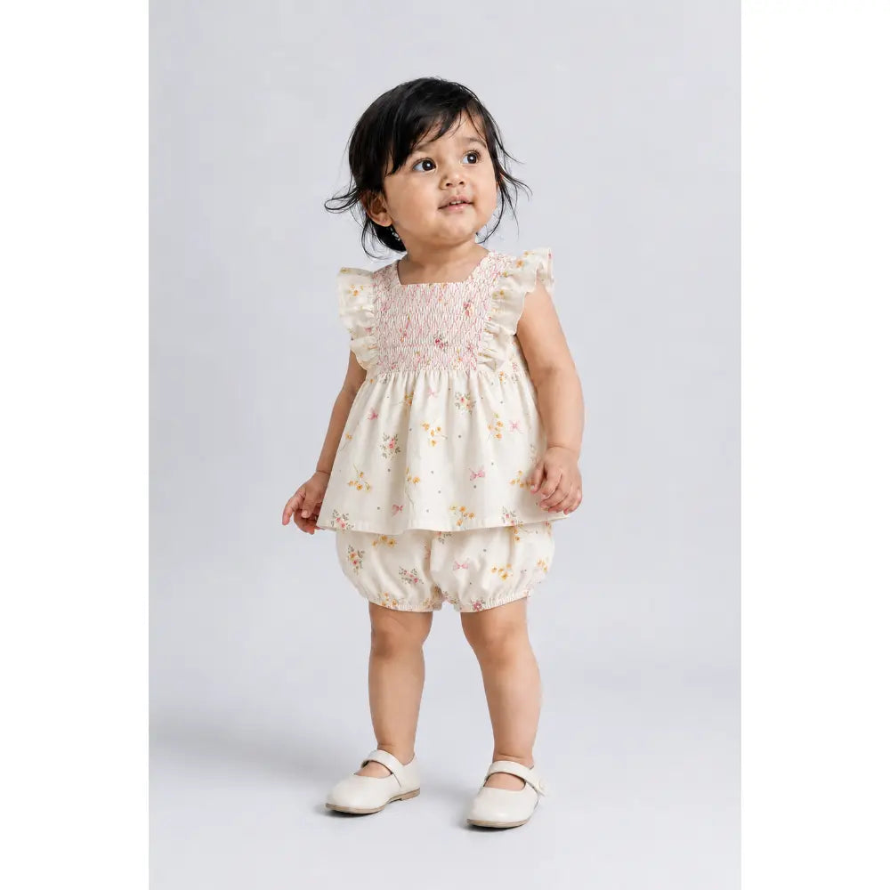 Pattuti Sustainable Cotton Floral Printed Lace Smocking Set With Bloomers For Girls
