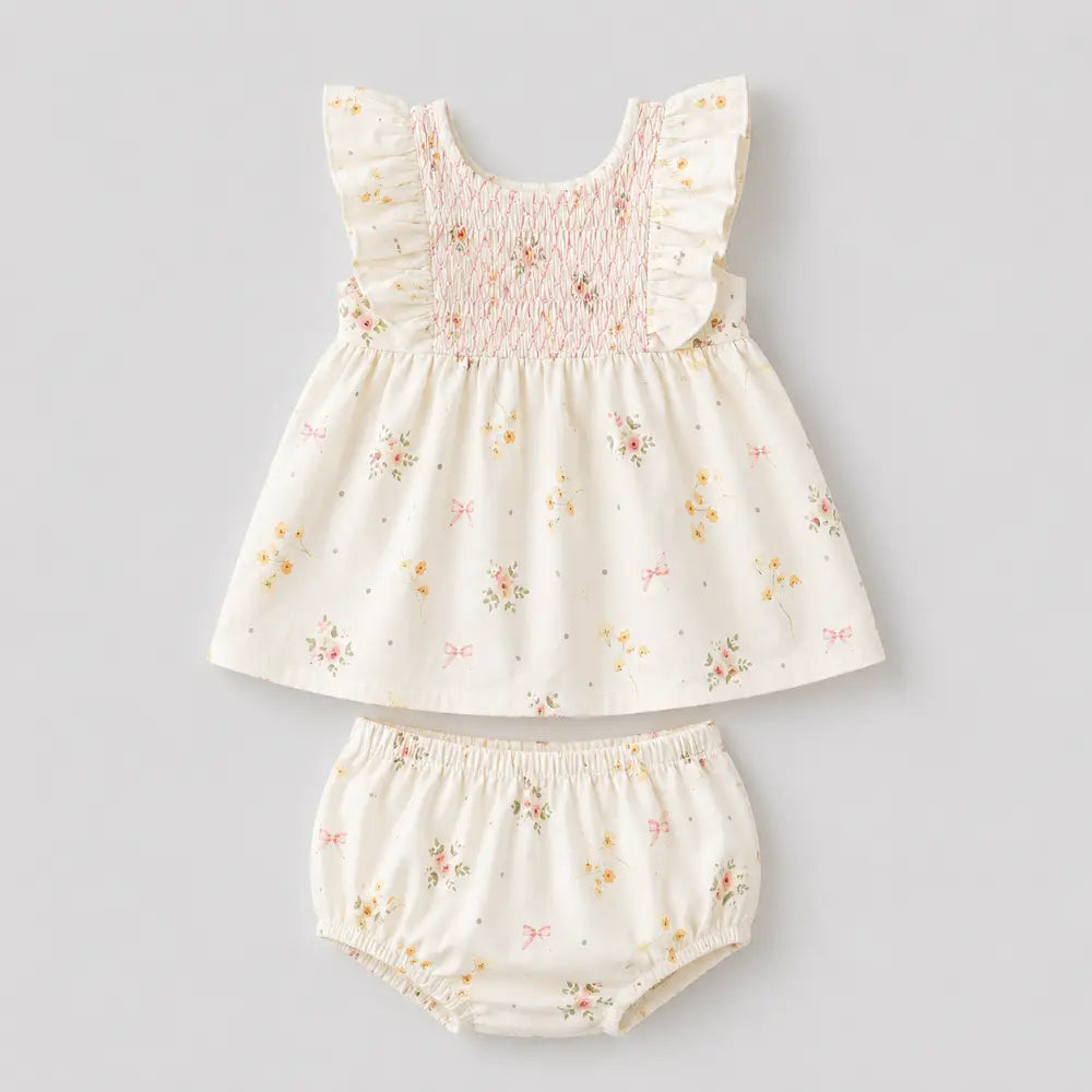 Pattuti Sustainable Cotton Floral Printed Lace Smocking Set With Bloomers For Girls