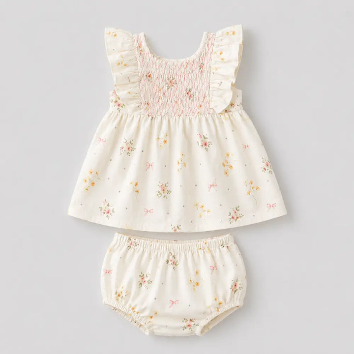 Pattuti Sustainable Cotton Floral Printed Lace Smocking Set With Bloomers For Girls