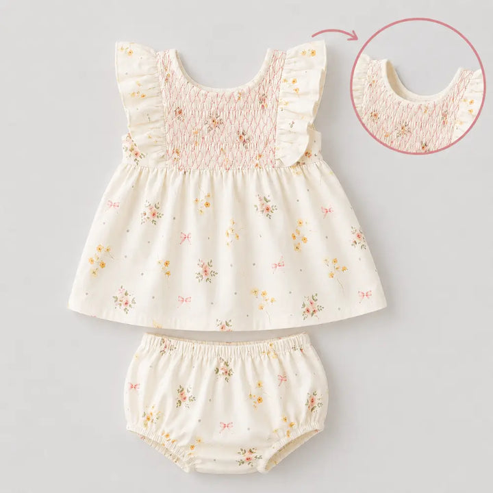 Pattuti Sustainable Cotton Floral Printed Lace Smocking Set With Bloomers For Girls