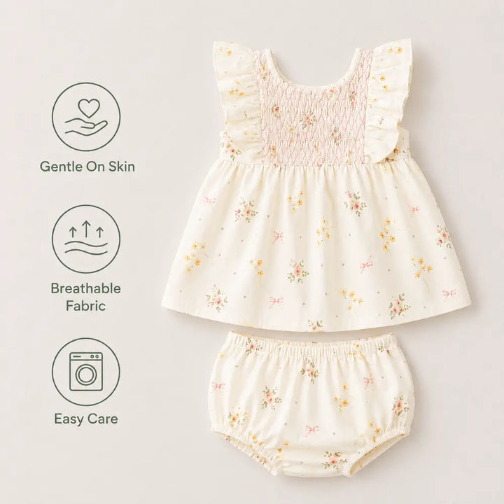 Pattuti Sustainable Cotton Floral Printed Lace Smocking Set With Bloomers For Girls