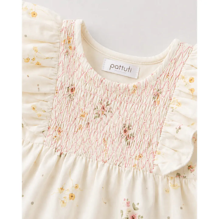 Pattuti Sustainable Cotton Floral Printed Lace Smocking Set With Bloomers For Girls