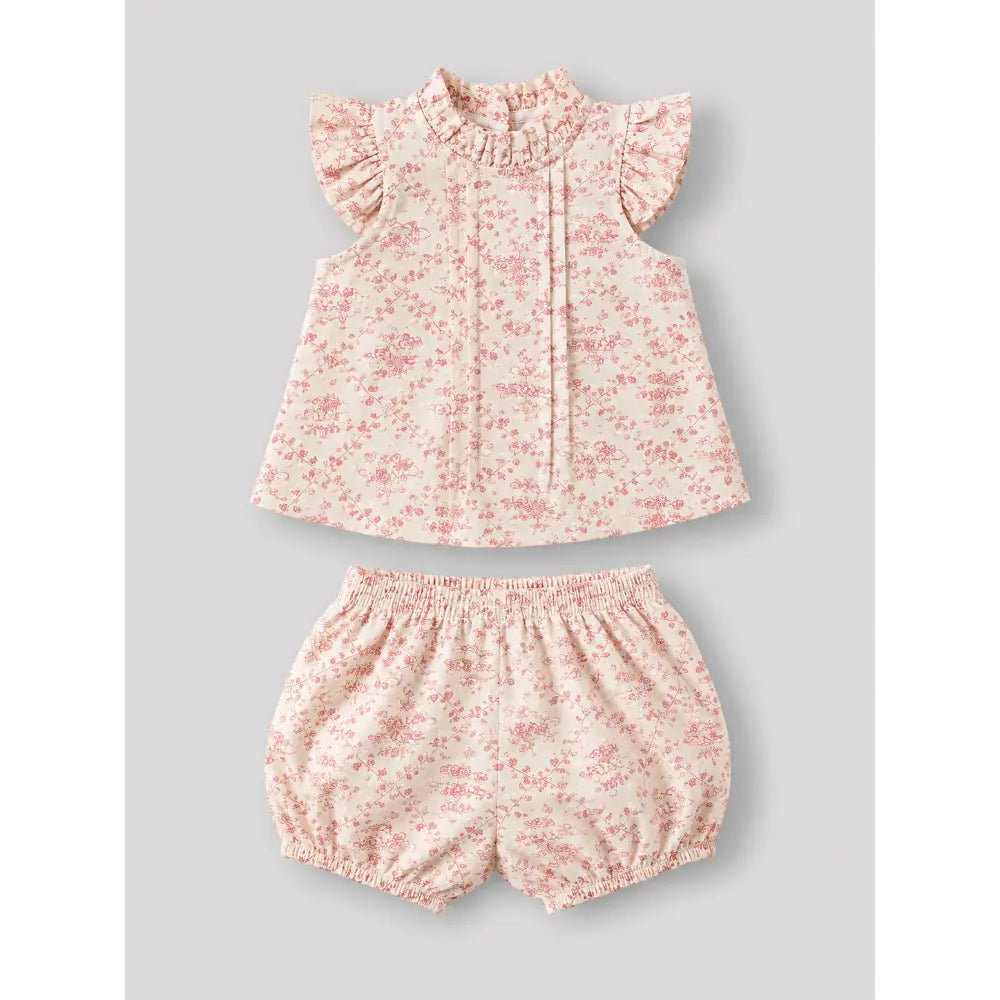 Pattuti Sustainable Dobby Weaved Cotton Set Of Floral Pink Print Top With Bloomers For Girls