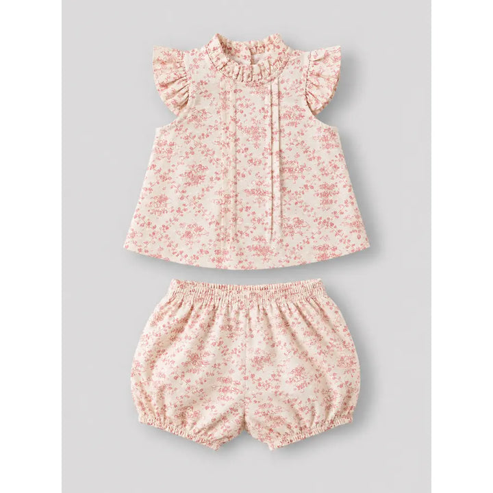 Pattuti Sustainable Dobby Weaved Cotton Set Of Floral Pink Print Top With Bloomers For Girls