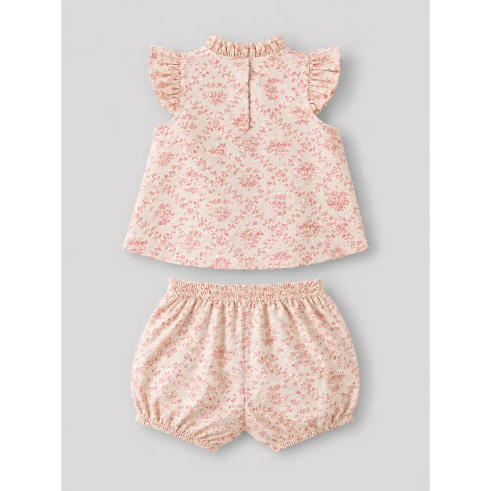 Pattuti Sustainable Dobby Weaved Cotton Set Of Floral Pink Print Top With Bloomers For Girls