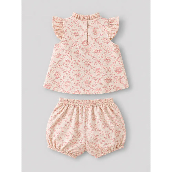Pattuti Sustainable Dobby Weaved Cotton Set Of Floral Pink Print Top With Bloomers For Girls