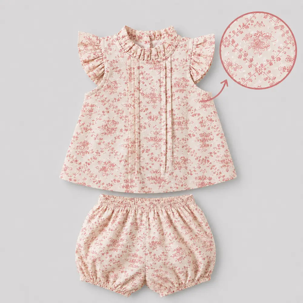 Pattuti Sustainable Dobby Weaved Cotton Set Of Floral Pink Print Top With Bloomers For Girls