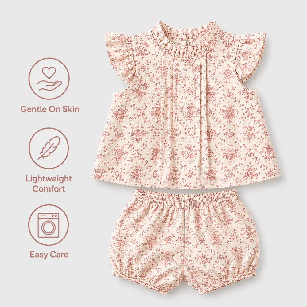 Pattuti Sustainable Dobby Weaved Cotton Set Of Floral Pink Print Top With Bloomers For Girls