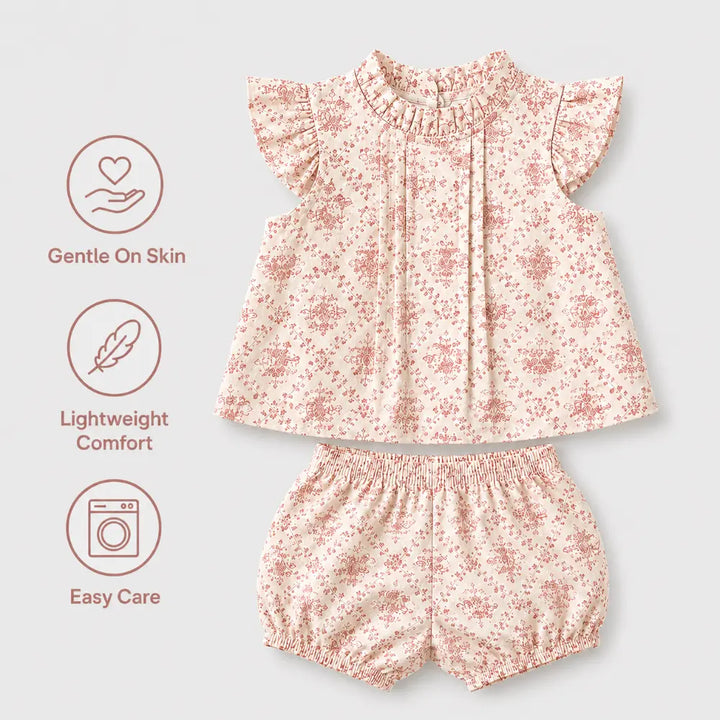 Pattuti Sustainable Dobby Weaved Cotton Set Of Floral Pink Print Top With Bloomers For Girls