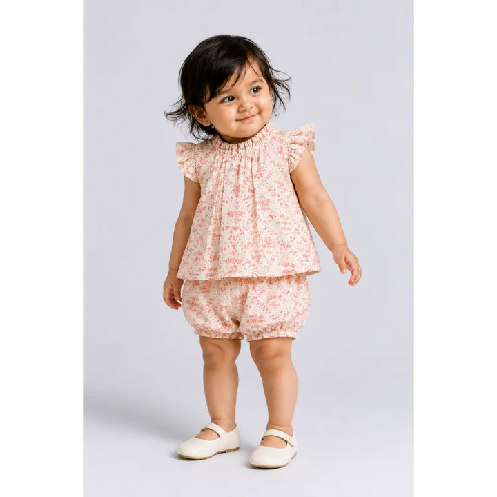 Pattuti Sustainable Dobby Weaved Cotton Set Of Floral Pink Print Top With Bloomers For Girls