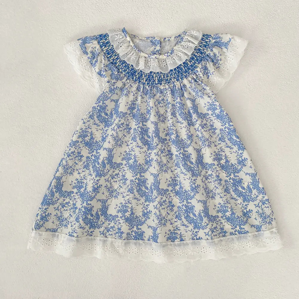 Pattuti Sustainable Cotton Floral Printed Dress With Self-Smocked Neck For Girls