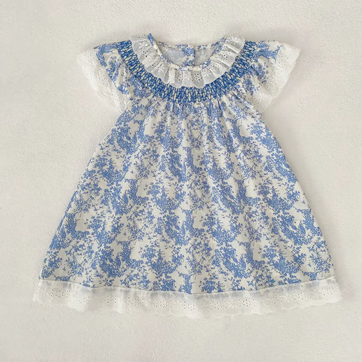 Pattuti Sustainable Cotton Floral Printed Dress With Self-Smocked Neck For Girls