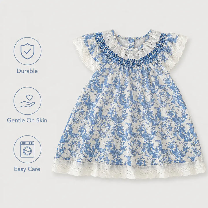 Pattuti Sustainable Cotton Floral Printed Dress With Self-Smocked Neck For Girls
