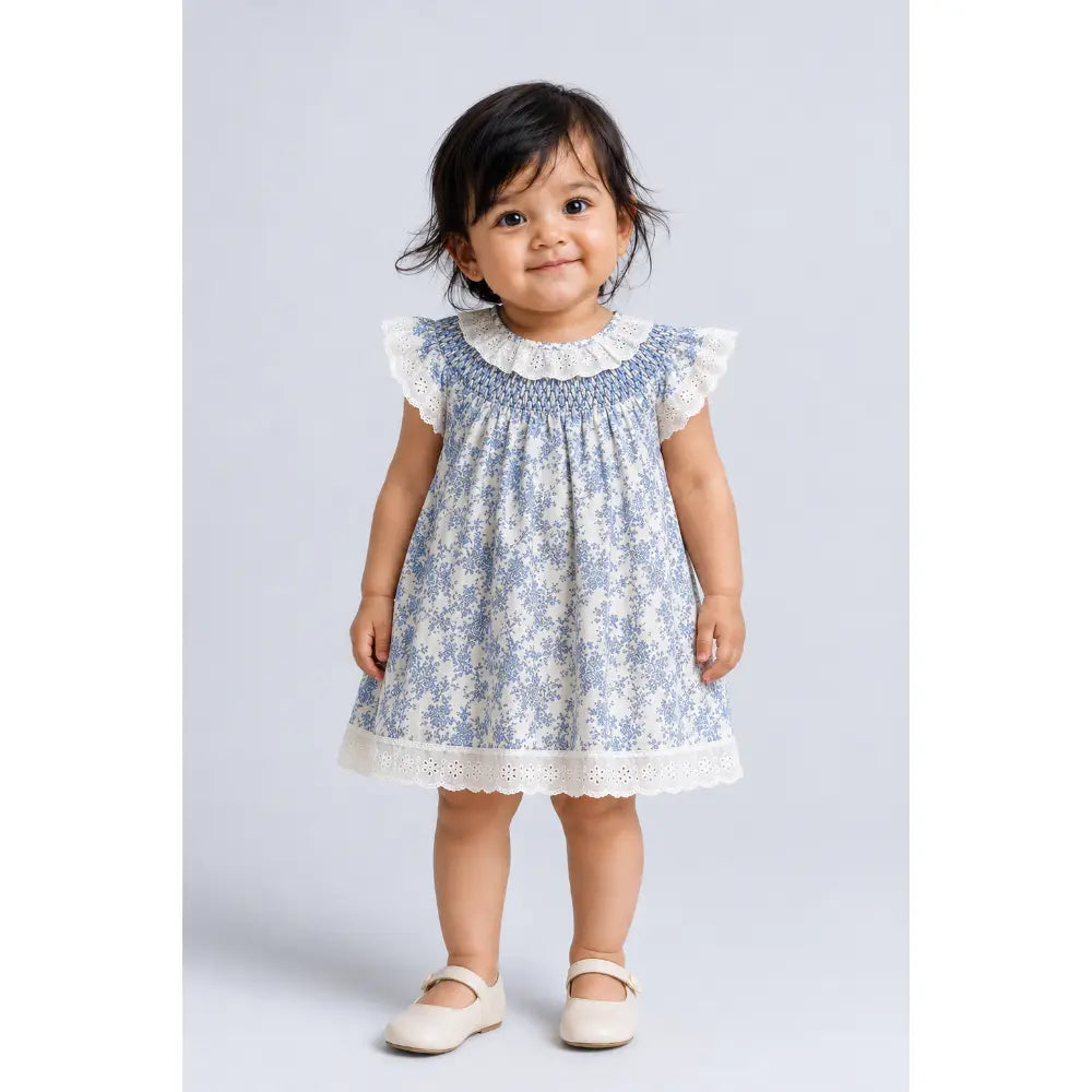 Pattuti Sustainable Cotton Floral Printed Dress With Self-Smocked Neck For Girls