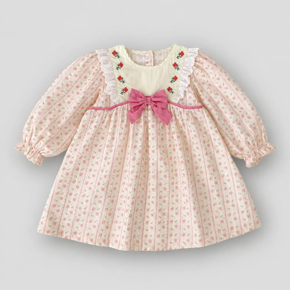 Pattuti Sustainable Dobby Printed Dress For Girls With Embroidery And Bow