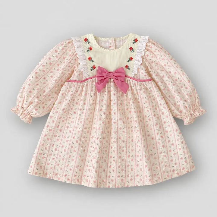 Pattuti Sustainable Dobby Printed Dress For Girls With Embroidery And Bow