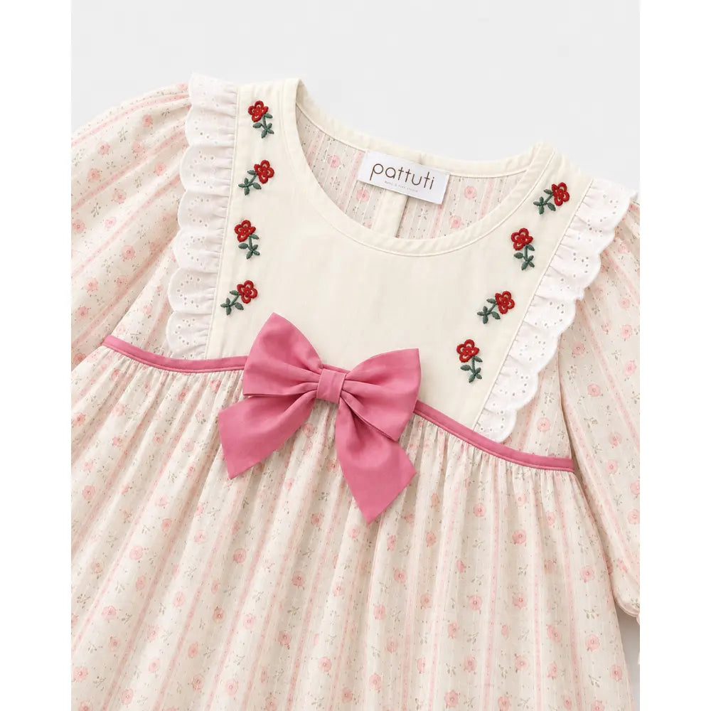 Pattuti Sustainable Dobby Printed Dress For Girls With Embroidery And Bow