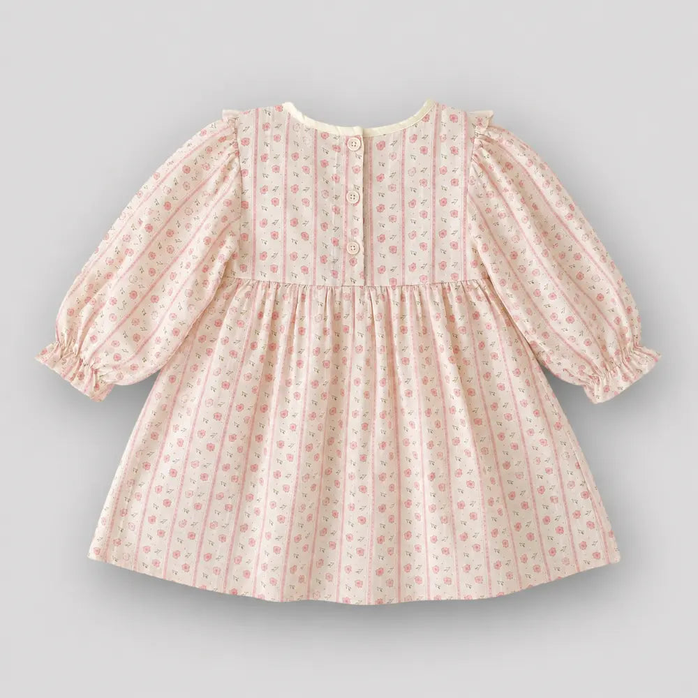 Pattuti Sustainable Dobby Printed Dress For Girls With Embroidery And Bow
