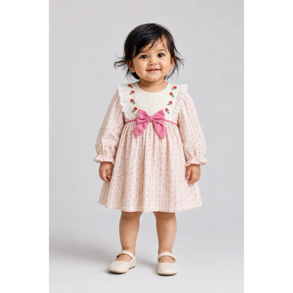 Pattuti Sustainable Dobby Printed Dress For Girls With Embroidery And Bow