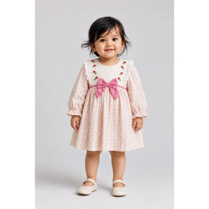 Pattuti Sustainable Dobby Printed Dress For Girls With Embroidery And Bow