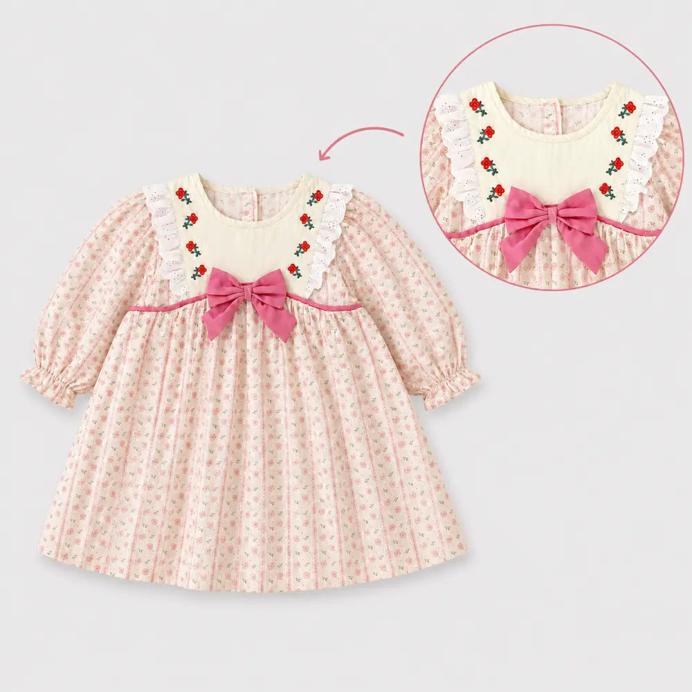 Pattuti Sustainable Dobby Printed Dress For Girls With Embroidery And Bow