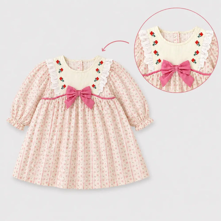 Pattuti Sustainable Dobby Printed Dress For Girls With Embroidery And Bow