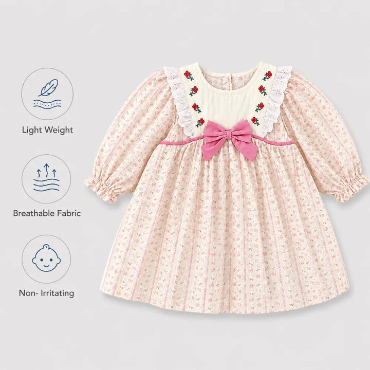 Pattuti Sustainable Dobby Printed Dress For Girls With Embroidery And Bow