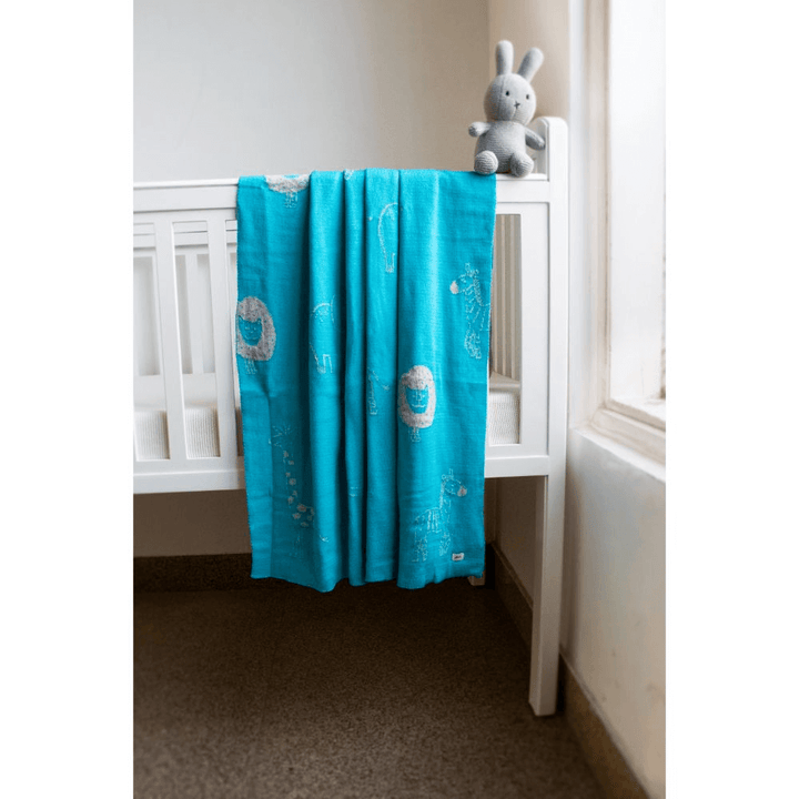 Pluchi Jungle Safari - Medium Aqua Color Cotton Knitted Blanket