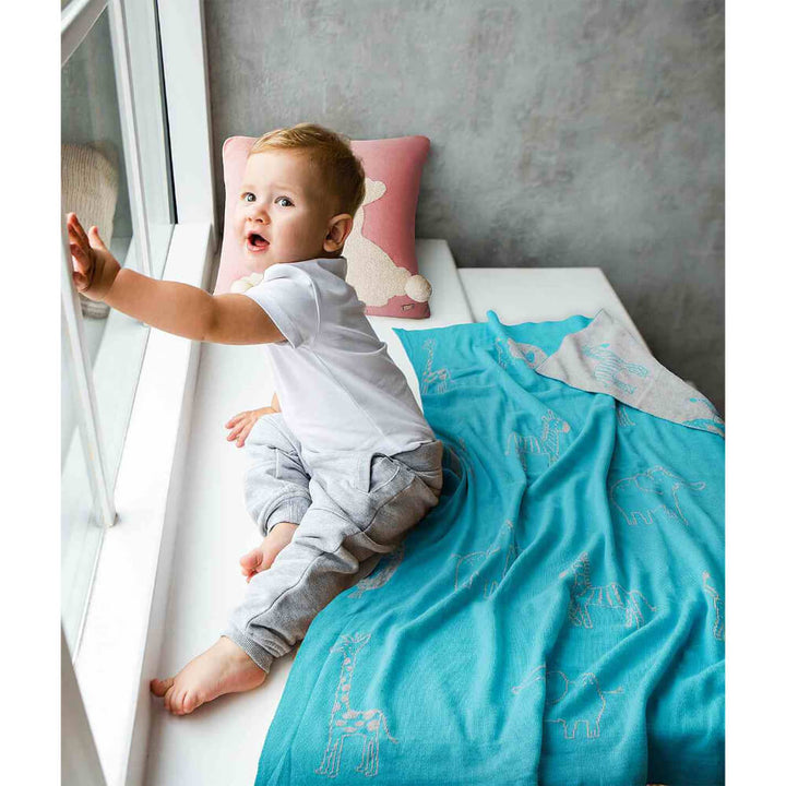 Pluchi Jungle Safari - Medium Aqua Color Cotton Knitted Blanket