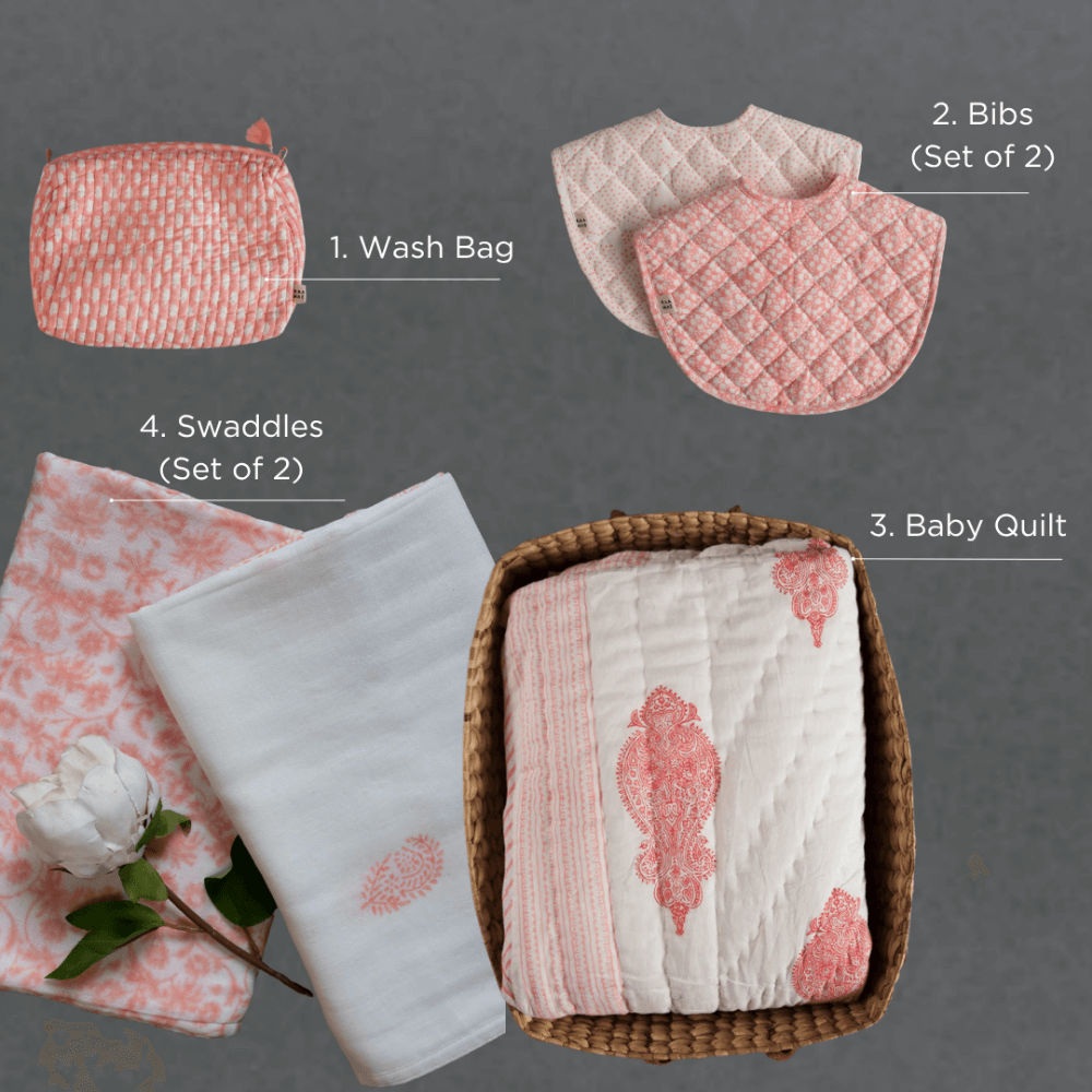 Raamae Baby Bundle (Quilt+Bib+Swaddle+Wash bag) - Orchid