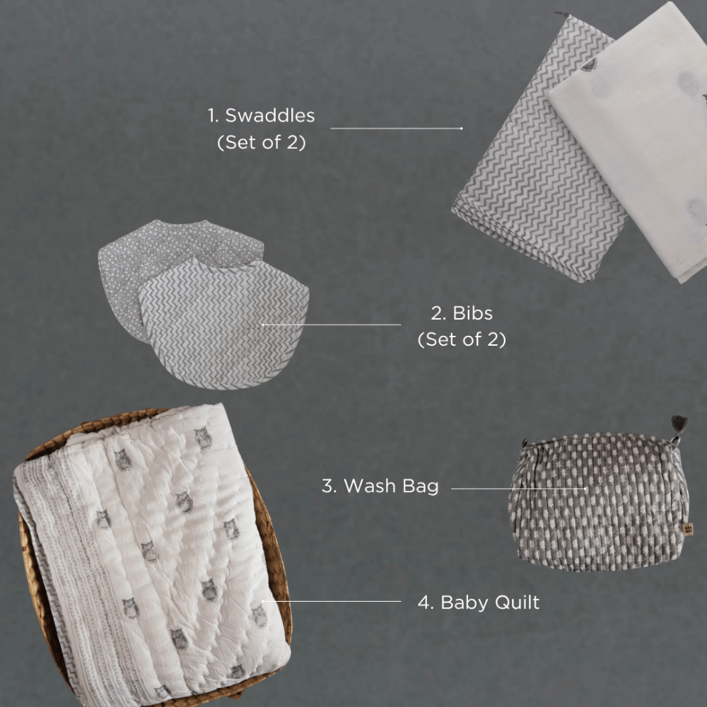 Raamae Baby Bundle (Quilt+Bib+Swaddle+Wash bag) - Owl