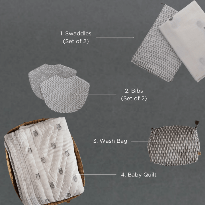 Raamae Baby Bundle (Quilt+Bib+Swaddle+Wash bag) - Owl