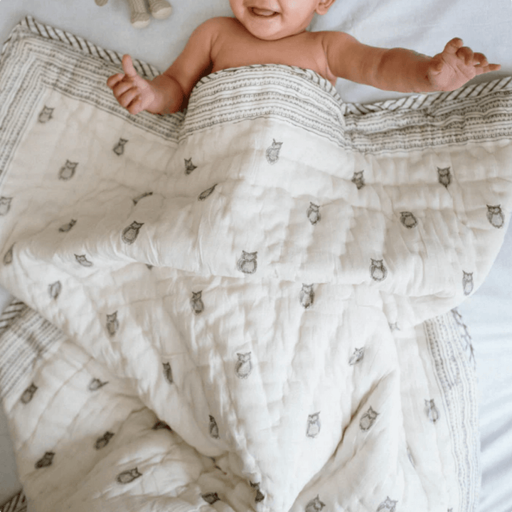 Raamae Baby Bundle (Quilt+Bib+Swaddle+Wash bag) - Owl