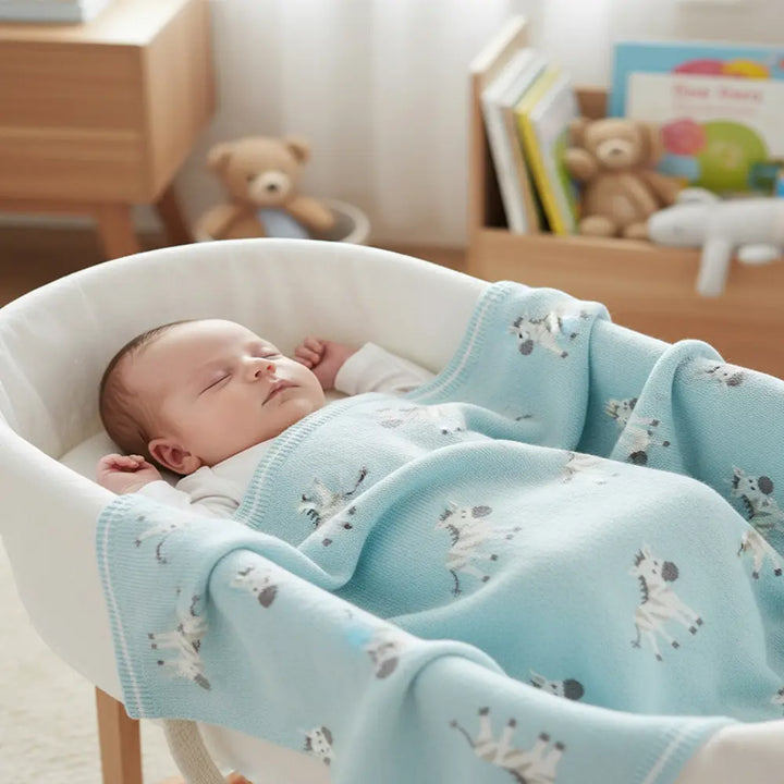 Pluchi Ziggy The Zebra Star Light Blue Color Cotton Knitted Ac Blanket for Baby / Infant / New Born For Use In All Seasons