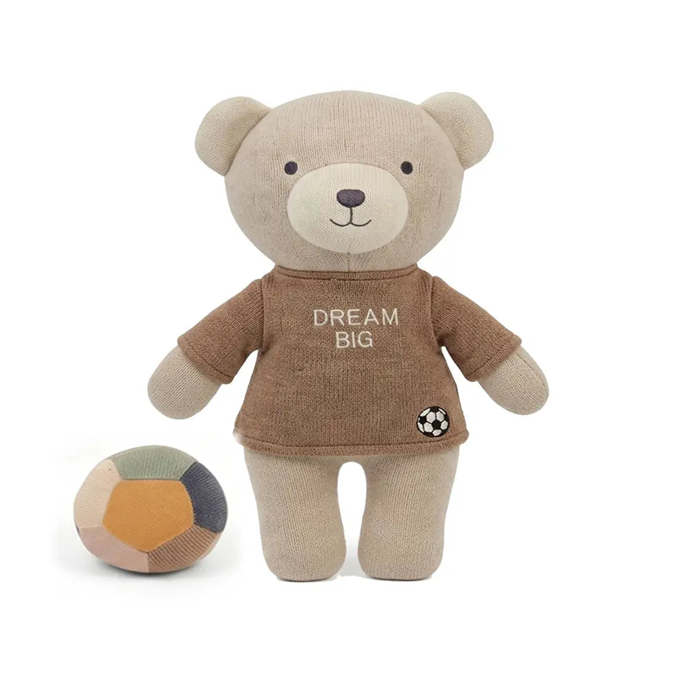 Pluchi Dream Big Football Teddy Cotton Knitted Stuffed Soft Toys (Pack of 2) - Silver Birch, Natural &amp; Coffee