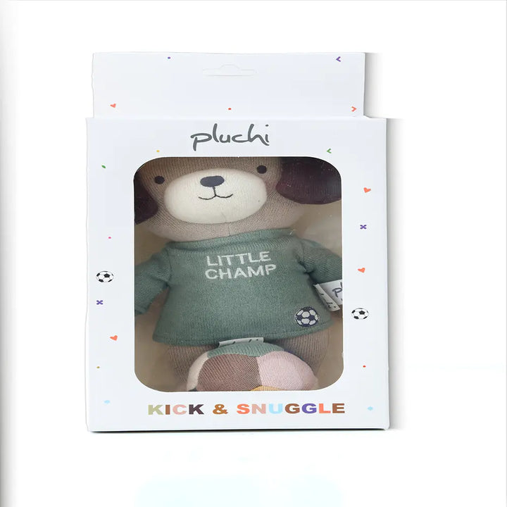 Pluchi Little Champ Football Pup Cotton Knitted Stuffed Soft Toys (Pack of 2) - Pale Whisper, Indus Blue, Hazelnut &amp; Natural