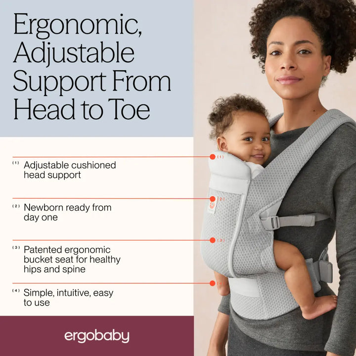 Ergobaby Omni Lite Mesh Baby Carrier – Soft &amp; Ergonomic Carrier with Padded, Adjustable Cross Shoulder Strap, Bucket Seat, Perfect for Travel &amp; Everyday Use, 0M–2 Years, Pearl Grey