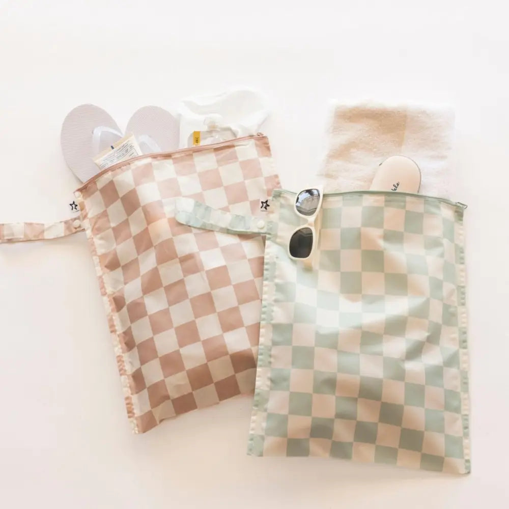 Tiny Twinkle Mess-Proof Wet Bag Pack of 2 - Sage &amp; Beige Checkers