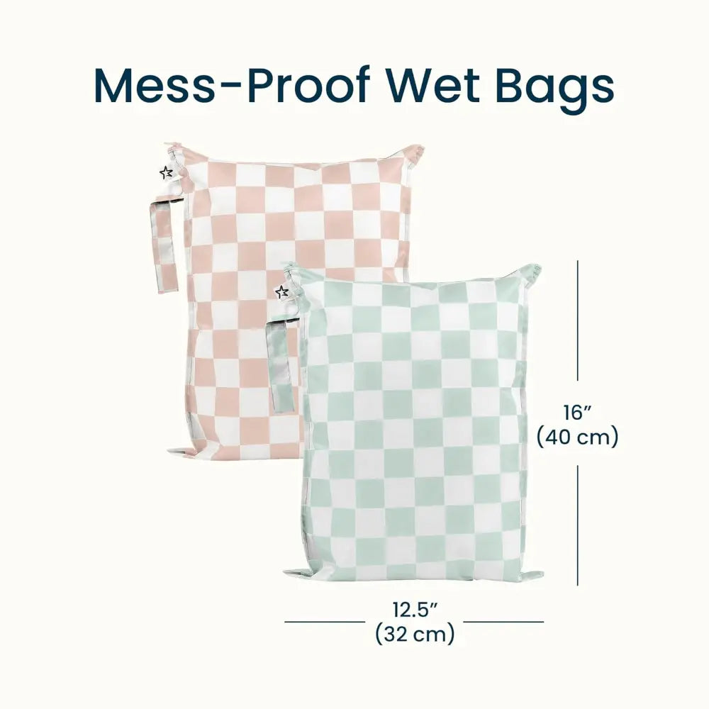 Tiny Twinkle Mess-Proof Wet Bag Pack of 2 - Sage &amp; Beige Checkers