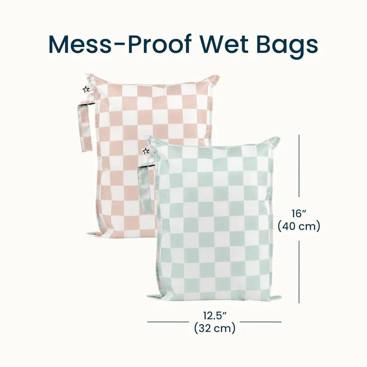 Tiny Twinkle Mess-Proof Wet Bag Pack of 2 - Sage &amp; Beige Checkers