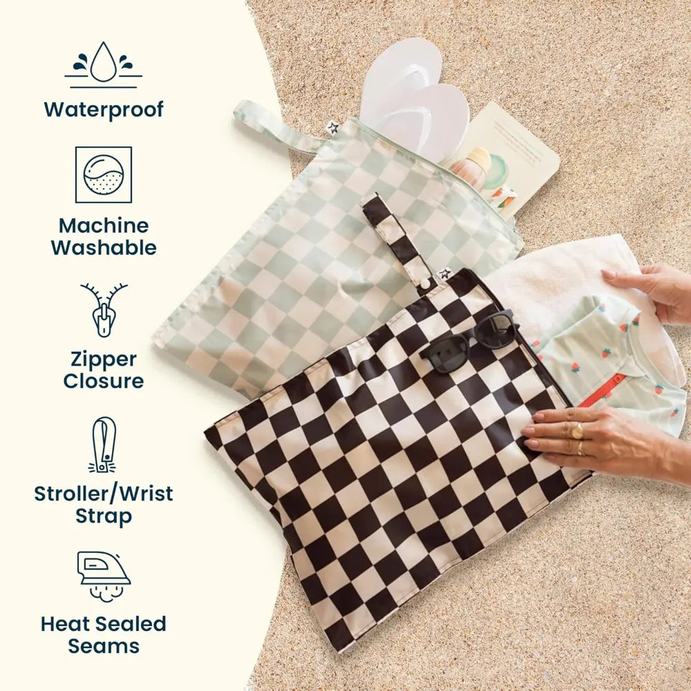 Tiny Twinkle Mess-Proof Wet Bag Pack of 2 - Sage &amp; Beige Checkers