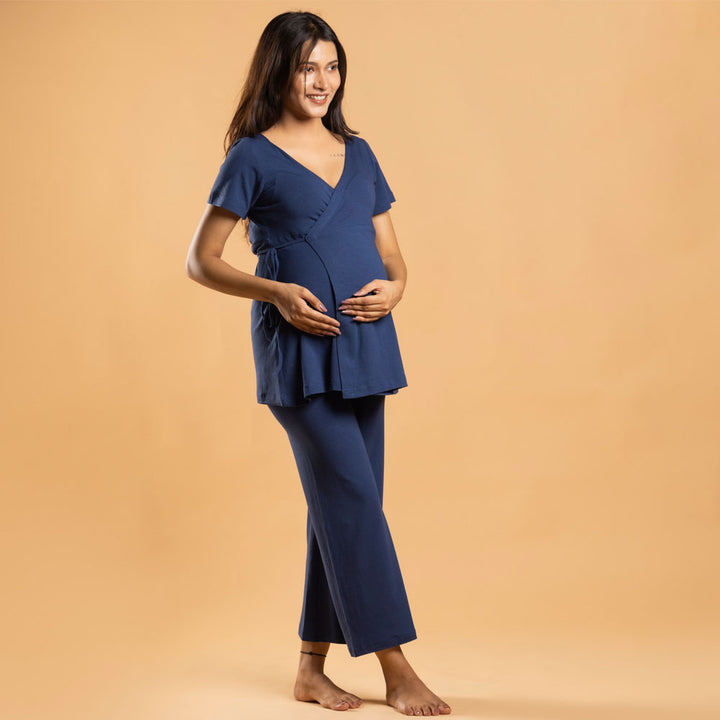 Block Hop Maternity Pants with Drawstrings - Blue