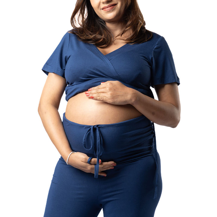 Block Hop Maternity Pants with Drawstrings - Blue