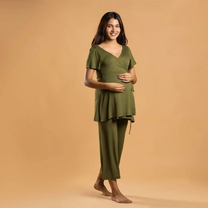 Block Hop Olive Maternity Wrap Co-Ord Set - Olive, Size - XXL
