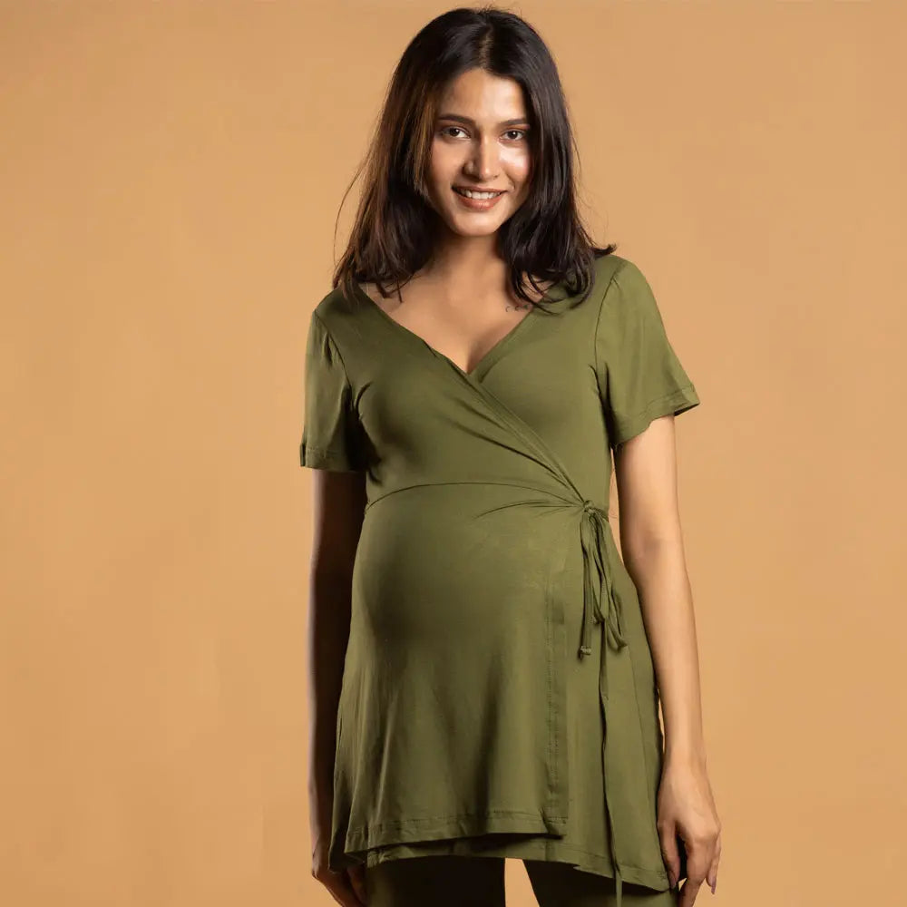 Block Hop Olive Maternity Wrap Co-Ord Set - Olive, Size - XXL