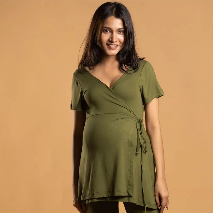 Block Hop Olive Maternity Wrap Co-Ord Set - Olive, Size - XXL