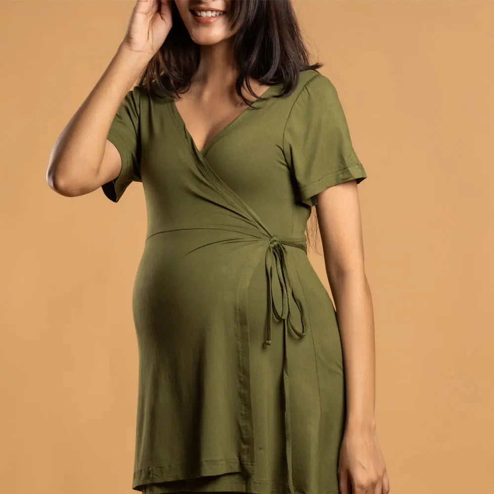 Block Hop Olive Maternity Wrap Co-Ord Set - Olive, Size - XXXL