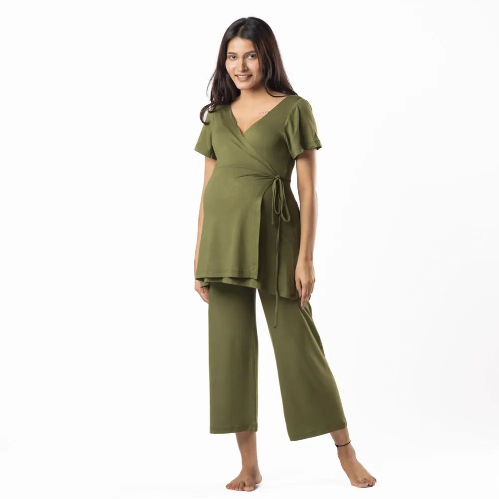 Block Hop Olive Maternity Wrap Co-Ord Set - Olive, Size - XXXL