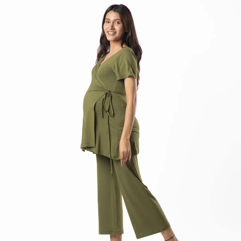 Block Hop Olive Maternity Wrap Co-Ord Set - Olive, Size - XXL